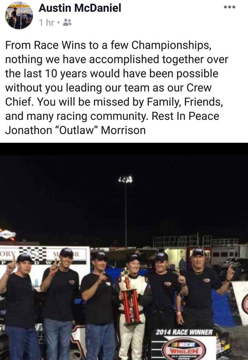 MambaSmith34's tweet photo. Can we take a moment for a fellow racer, a crew chief, a winner, and just a great guy Outlaw you were always one of my favorites at @hickoryspeedway and coming to find at @GMSRacingLLC. Rest in Love my friend. 🙏🏾🙏🏾 https://t.co/NfBwY5cCWa