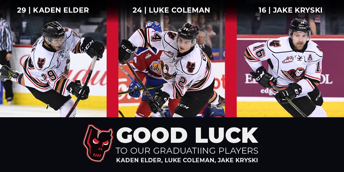 WHLHitmen's tweet photo. To our 20’s we say THANK YOU!!! 👏

Thank you to Kaden Elder, Luke Coleman &amp; Jake Kryski for everything you did both on and off the ice as members of the Hitmen and during your entire WHL careers! 

We will miss you next season and wishing you the very best in your futures! ⭐️ https://t.co/XY9P8nw0Q9
