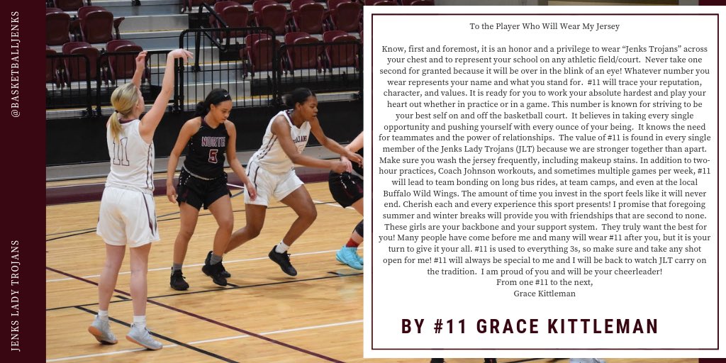 Each member of our ⁦<a href="/BasketballJenks/">JenksBasketball</a>⁩ senior class wrote a letter to the players who will wear their jersey, this one was written by ⁦<a href="/graciekitt/">Gracie Kittleman</a>⁩ #JLT