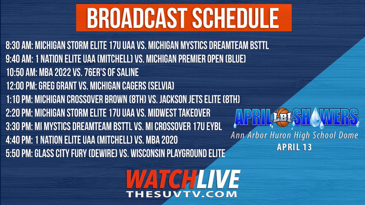 SUVtv's tweet photo. 🏀The 2019 LBI April Showers Classic tips off this Saturday at 8:30am

📅April 13
📍Ann Arbor, MI
📺https://t.co/4eYcSZjfph

@MIStormAAU @MImystics @mwtakeover @1NationEliteGBB @MIpremierbball @M_B_A_Bball @76ersofsaline @CoachGregGrant @MCagers @MICROSSOVER https://t.co/jrHwBRQiGY