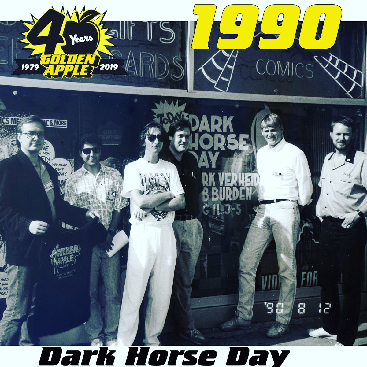 GAppleComics's tweet photo. The year was 1990 for #throwbackthursday of Golden Apple’s 40 year history @darkhorsecomics Day at @gapplecomics w/ Bob Burden, Phil Norwood, @FrankMillerInk , DH founder Mike Richardson, Mark Verheiden &amp; a dude named Randy? Talented bunch. Let’s get the band back together! #GA40 https://t.co/zboyqRUm5f