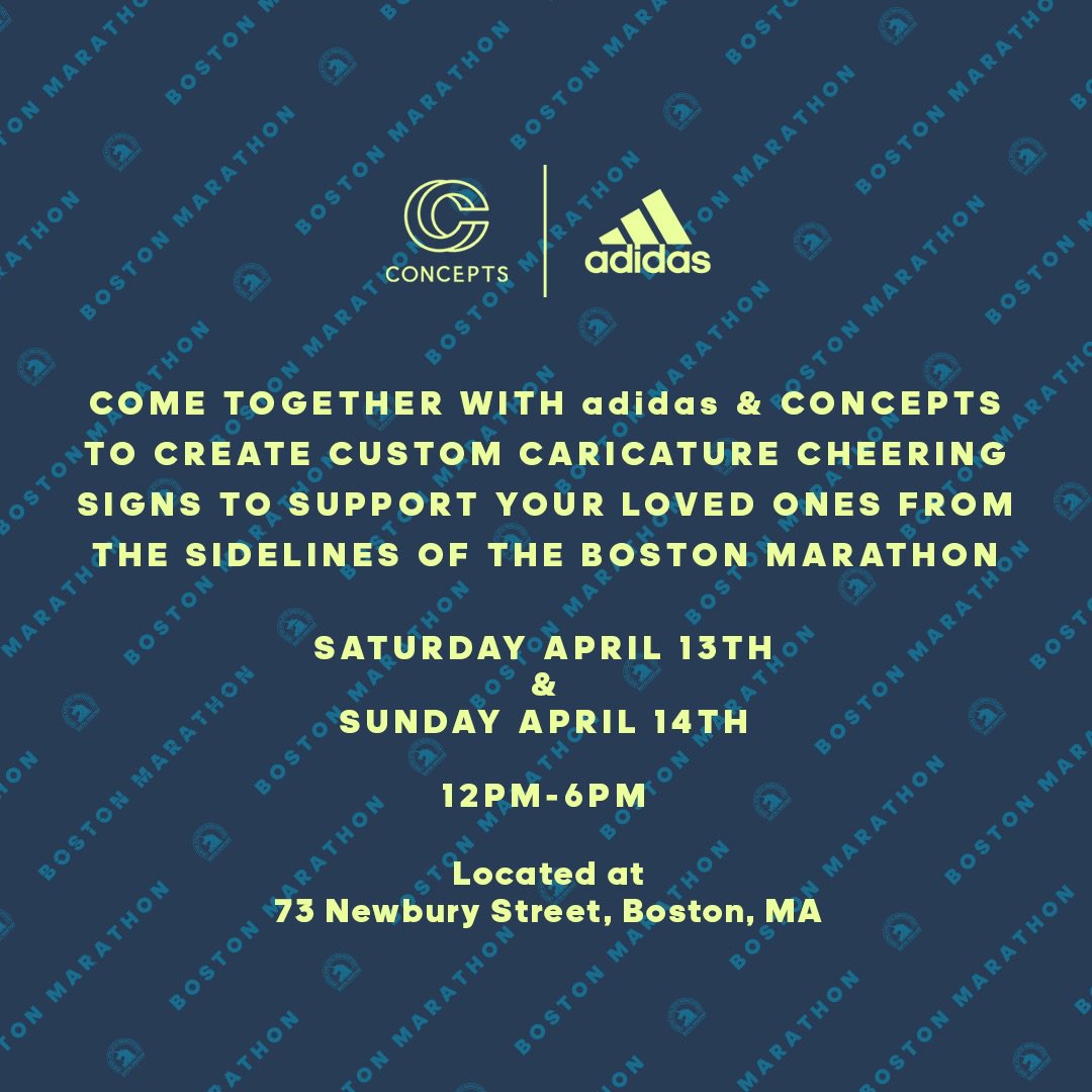 cncpts's tweet photo. Stop by the adidas X Concepts store on 73 Newbury St. Boston MA from 12pm-6pm on Saturday 13th &amp; Sunday 14th for a chance to create a custom “Cheer Sign” featuring a caricature of your runner by our in-house cartoonist. #adidasConcepts https://t.co/f50Gg8LAgw