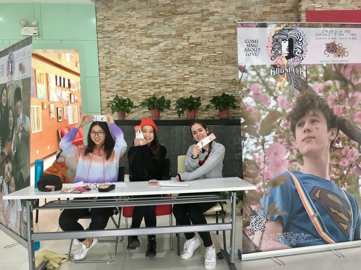 Our StageCats are hard at work today selling tickets! Get your tickets soon - this year we’re seeing our fastest ticket sales EVER! Don’t miss out! Get your tickets in the lobby, scan the QR codes on any of the posters, or follow the link in our bio!! #myCISB #StageCatsdoGodspell