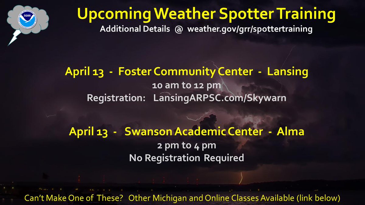 Be our eyes on the ground this severe weather season! Due to limited seating available at the Lansing venue, please register at lansingarpsc.com/Skywarn. Additional information, including other courses available, can be found at weather.gov/grr/spottertra… 
#wmiwx