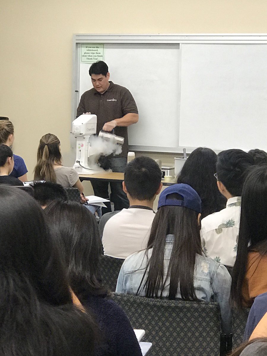 Students from our S&amp;F course experienced an exciting presentation learning about the science behind making ice cream with liquid nitrogen. Huge thank you to, Jeffery Suen, Franchise Business Consultant <a href="/creamistry/">Creamistry</a> and <a href="/CreamistryBH/">Creamistry BH</a> for their generous contributions!