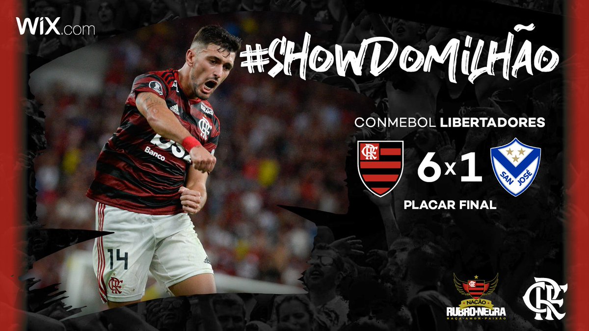 Flamengo's tweet photo. Com mais de 1 milhão de espectadores na transmissão do Facebook, Flamengo goleia o San José por 6 a 1 num verdadeiro #ShowDoMilhão!

Vem pro @NacaoCRF: https://t.co/vn50bInVnP https://t.co/TTAIvNjZbb