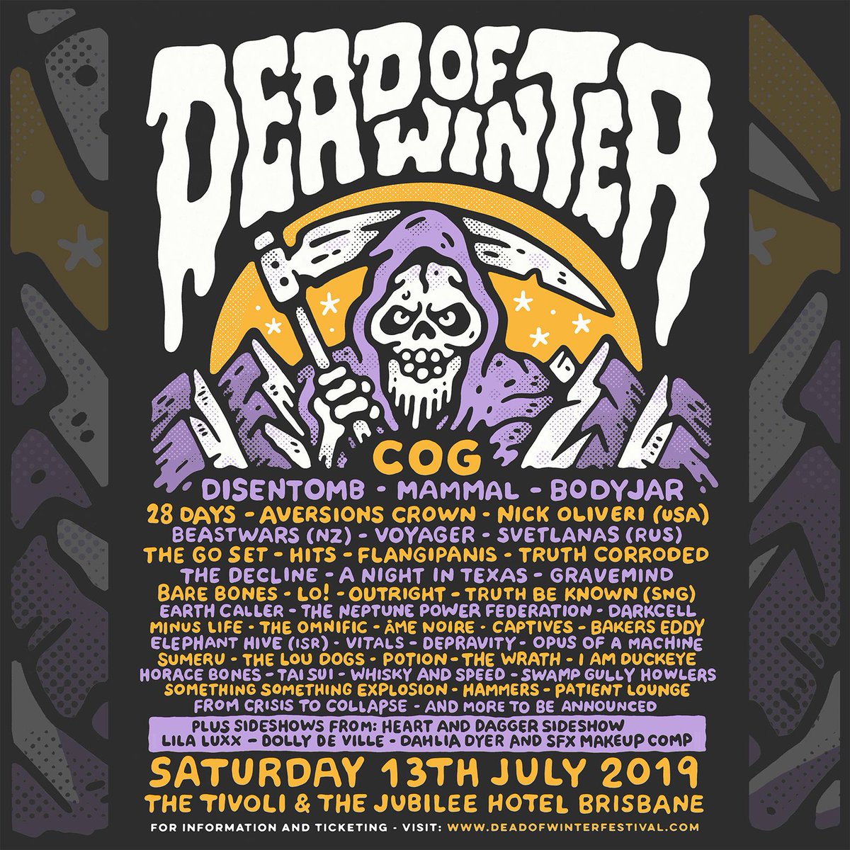 DOWFest's tweet photo. Check out the 1st 46 bands for Dead of Winter 2019 headlined by Cog, Disentombed, Mammal, Bodyjar, Aversions Crown! Amazing news: this years festival will expand to 6 stages/ 60 bands! New Tivoli Carpark rock stage! Tickets are flying faster than ever from https://t.co/epPsBqnRmV https://t.co/YPWBh4NRQs
