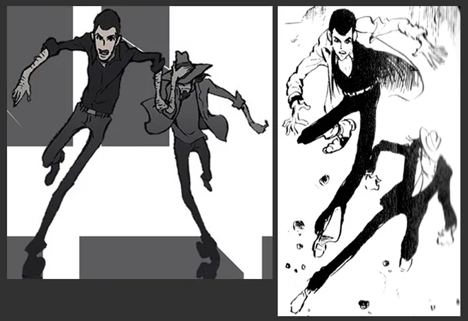 「LUPIN THE ⅢRD 峰不二子の嘘」のキービジュアルの走るルパンと次元を見たら、反射的にすぐモンキー・パンチさんのルパン三世「ルパンの法則(漫画アクション1968年2月29日号)」の1コマを連想した?。 