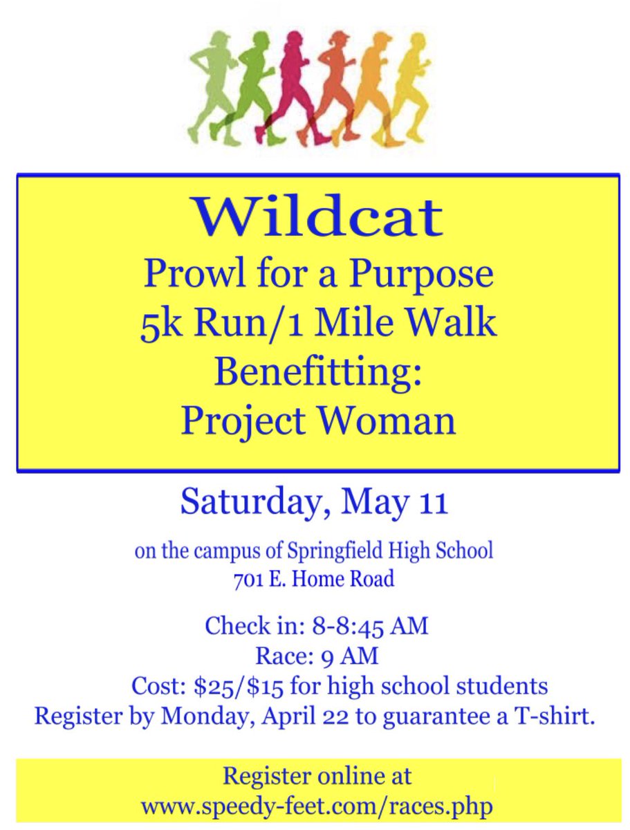 scsdoh's tweet photo. Brought to you by the SHS National Honor Society, it is Prowl for a Purpose 5K/1 Mike Run\Walk time!  Mother’s Day weekend so bring your Mom and support  Project Woman together!💙💛 Sponsorship opportunities are included!  Sign up TODAY! #ProjectWoman https://t.co/cekzcA9pMe