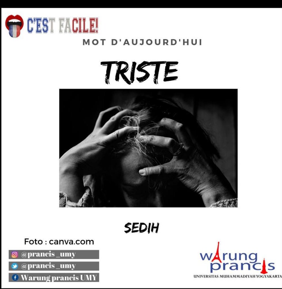 Kuy kenali kata dalam bahasa Prancis yaitu sedih - Triste.
#wp #wpumy