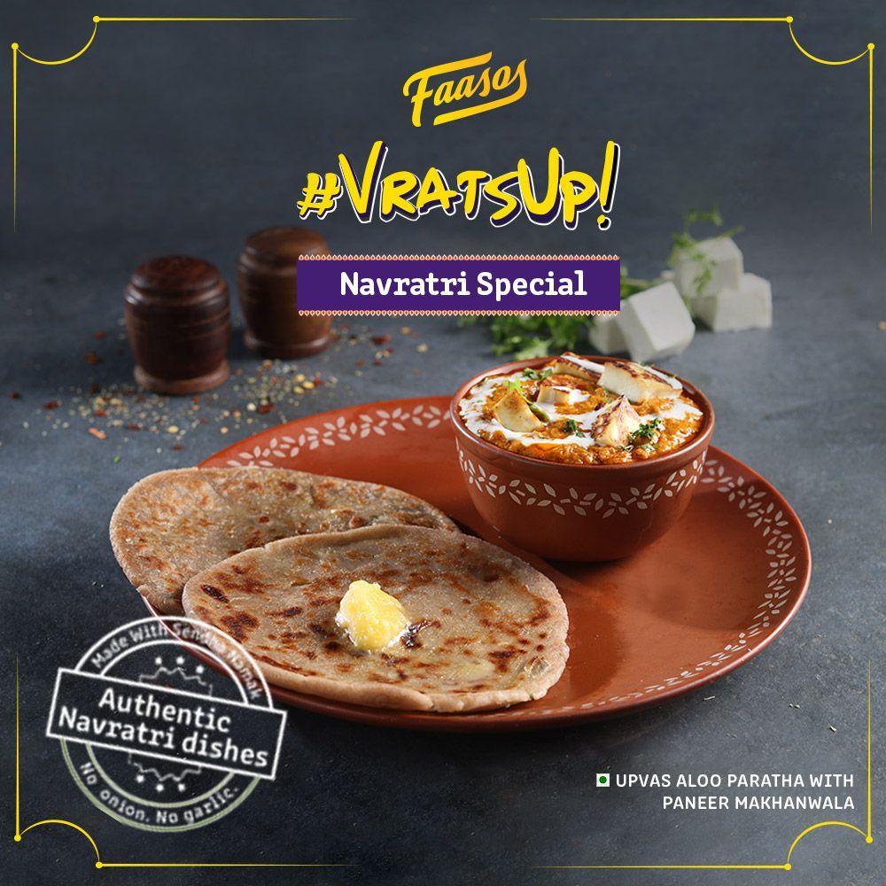 faasos's tweet photo. Singhada Aloo Paratha is an excellent source of carbohydrates, making it the perfect thing to munch on this Navratri. The Paratha goes best with Paneer Makhanwala.
Made with Sendha Namak. No Onion or Garlic. Try out our #VratsUp Navratri Special menu today. Order from Faasos App https://t.co/4yPSANKZup
