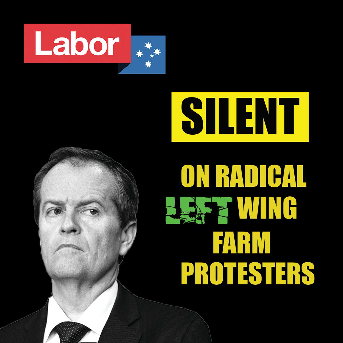 The_Nationals's tweet photo. Bill Shorten still hasn't said a word about the radical, vegan trespassers storming our farmers' land. 

That's because he doesn't care about our farmers or the regions. He's too busy focusing on the big unions &amp; soy latte-sipping, inner-city greenies. #ausvotes #FairGoForFarmers https://t.co/Nv2iwCvSfr