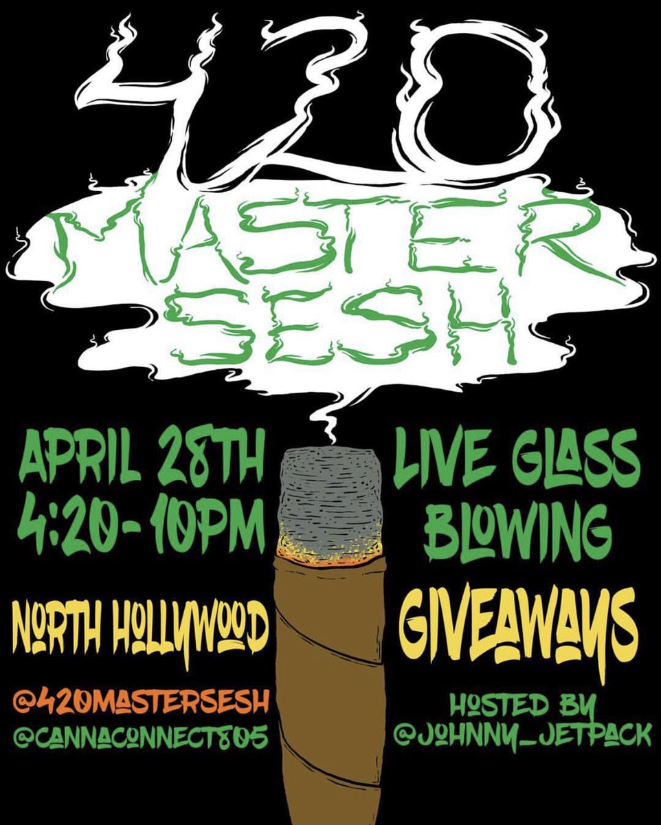 SeshJoe's tweet image. 💥 420 Master Sesh💥 April 28th! Come for the vibes, stay for the glass blowing, killer food and funky tunes. See you at the Sesh!💨 MORE SURPRISES TO BE ANNOUNCED SOON! 💥💥💥💥💥💥💥💥💥#weed #marijuana #CannabisNews #Cannabis #stoner #stoned #legalweed #losangeles #kush #pot