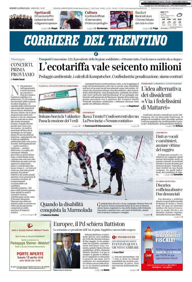 Tgr Rai Trentino Buongiorno La Prima Pagina Dei Quotidiani Locali In Edicola Oggi Venerdi 12 Aprile Rassegnastampa