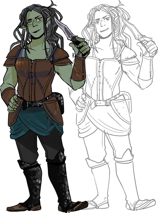 here she is my dear  #dnd half-orc rogue Lortra 
She tries hard to be intimidating and fails accordingly thanks to my bad rolls :') 