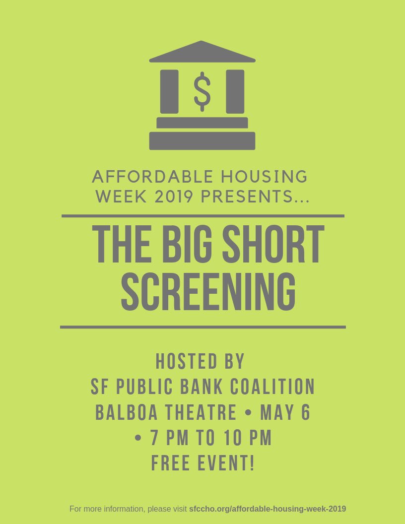 sfpublicbank's tweet photo. Join us to watch a screening of The Big Short to relive the 2008 foreclosure crisis! 🎥 🏦 

Monday 5/6
@balboatheatresf 
Doors open @ 7pm

#occupySF #divestSF #SFPublicBankNow 

https://t.co/BHLfSJo98d https://t.co/YnZJ8PpLXJ