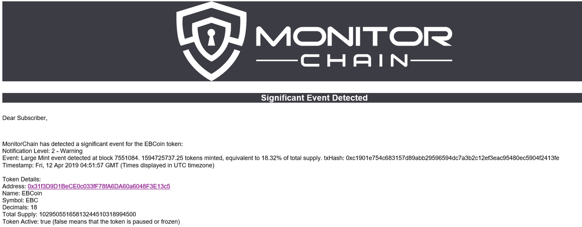 sethhornby's tweet photo. EBCoin (EBC) has just minted over 1.5 billion ($2m USD, 18% supply increase) tokens without prior notice directly into Coinbene wallets. There does not appear to be any announcements on either site

Detected by MonitorChain

#ebcoin @EBCoinGlobal @CoinBene @ZenchainGroup https://t.co/JndUpYsJHt