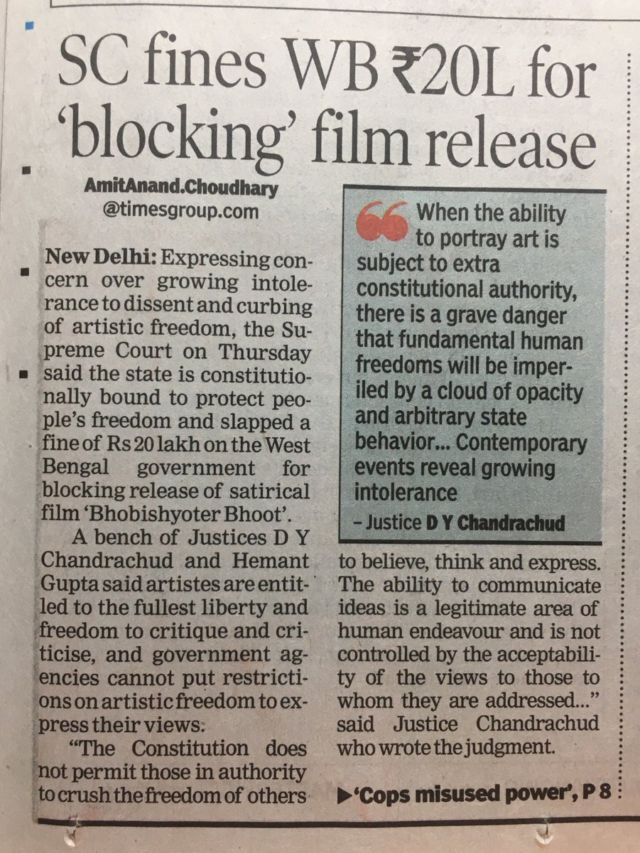 I am hoping that this decision by Justice Chandrachud, will get appreciation from one and all.. #foe #fos #freedom #WBfined #noblockingfilms #justice #bhobishyoterbhoot #noban #noblocking
