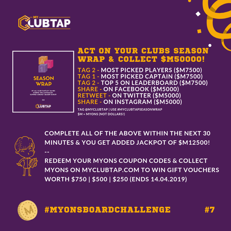 myclubtap's tweet photo. #MyonsBoardChallenge Act on your clubs season wrap &amp; collect $M50000 to move up the #MyonsBoard on https://t.co/CikPckX2kH &amp; win 🎁 vouchers worth $750, $500, $250 #myclubtap #myclubtapseasonwrap #seasonwrap https://t.co/vz02Gbihoc