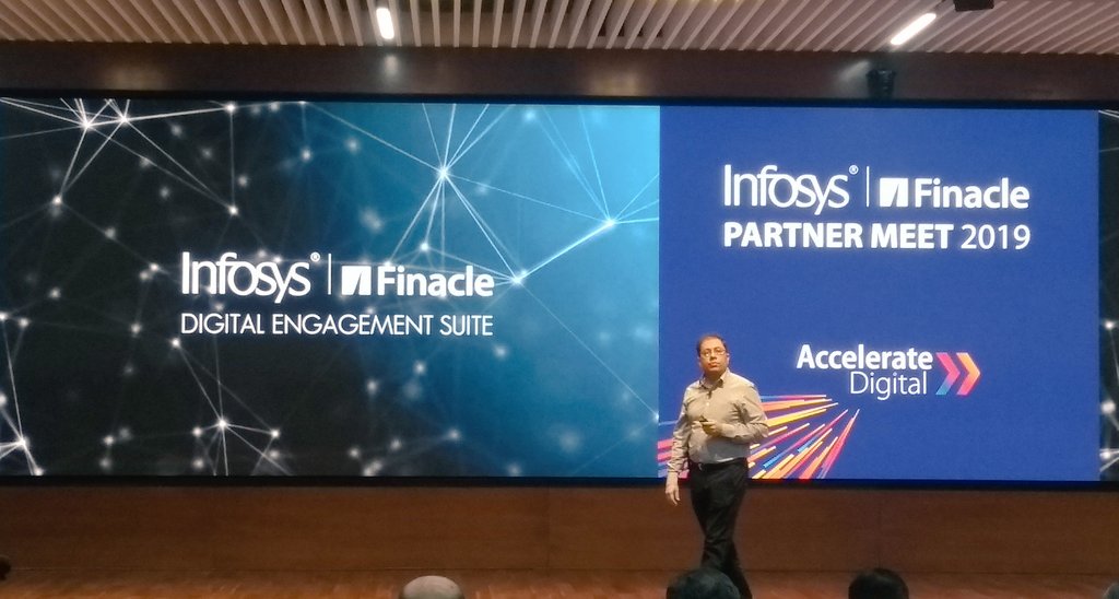 Finacle's tweet image. Siddhant Taneja, #InfosysFinacle speaks at the #PartnerMeet19 highlighting the abilities of the Digital Engagement Suite to &apos;Onboard, Sell, Service and Engage&apos; with end-customers effectively.