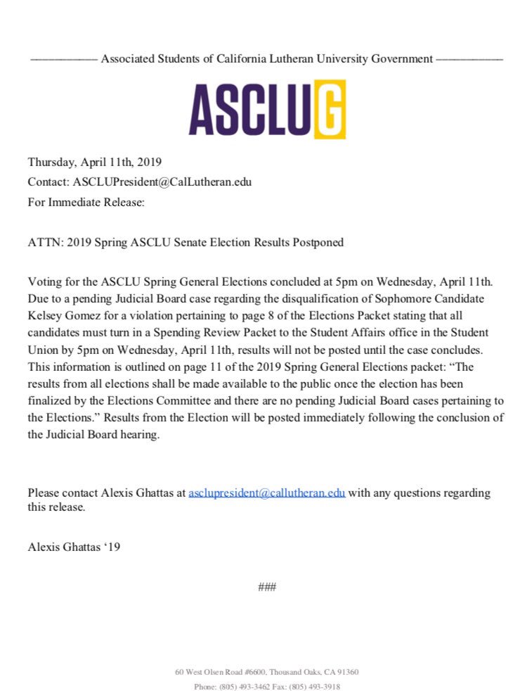 Press Release regarding the 2019 Spring Senate Election Results