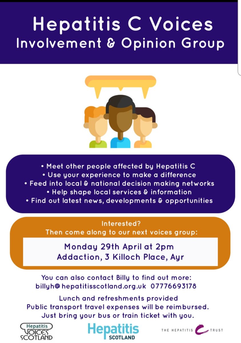 The first Hepatitis C Voices Forum in South Ayrshire is taking place on Monday 29th April. All welcome. Thanks to Billy <a href="/hepscotland/">Hepatitis Scotland</a> for organising and @AddactionSA for hosting.