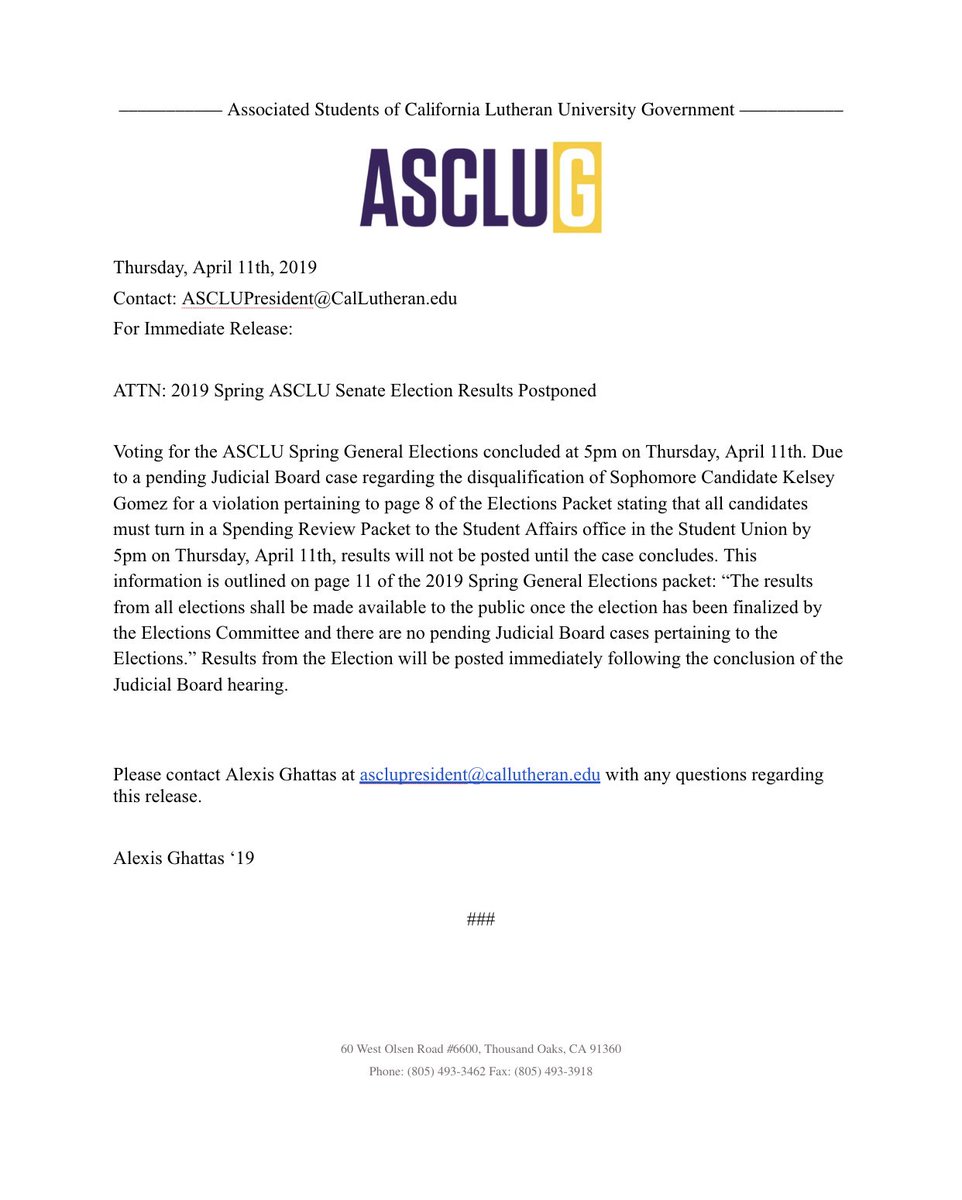 ATTN: 2019 Spring ASCLU Election Results Postponed