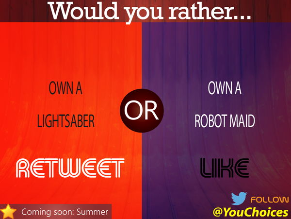 YouChoices's tweet photo. Lightsaber or maid? https://t.co/Snqb9Nl2XL
