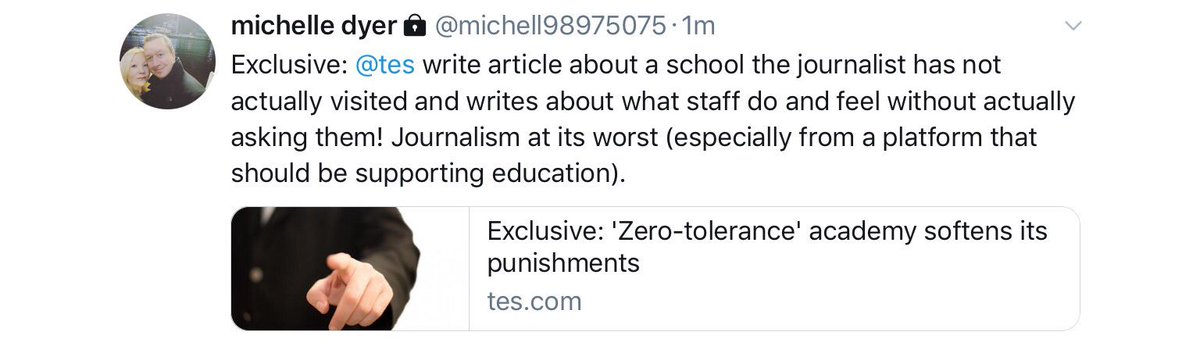 It is so disappointing to see <a href="/tes/">Tes magazine</a> and <a href="/JohnGRoberts/">John Roberts</a> write such an Ill-informed article. Our behaviour system allows all staff freedom to teach and gives consistency and clarity of expectations for all students. #TeamMagna <a href="/MagnaAcademy/">Magna Academy Poole</a> <a href="/richardtutt/">Richard Tutt</a>