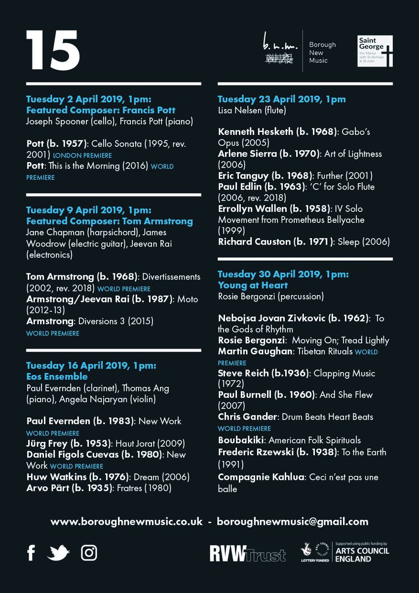 boroughnewmusic's tweet photo. Coming up on 23 April: Music by @ErrollynWallen, @krhes, @asie, #erictanguy, @PaulMaxEdlin &amp; @RichardCauston all performed by the superb flautist @LAtheDUCK. 1pm @georgethemartyr FREE ENTRY, light refreshments afterwards https://t.co/rB0jEN8SPe