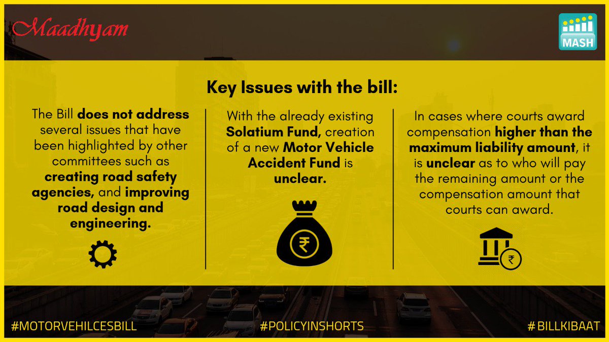 MASH_Project's tweet photo. Before we start our discussion on the #MotorVehiclesBill 2017 in this week's #BillKiBaat #tweetchat session with @_maadhyam_, let's look at what the bill is about.
Join us at 7.30pm as we address some questions and seek relevant answers.
#policyinshorts #MashPolicy #RoadSafety https://t.co/xgpkBRsUG8