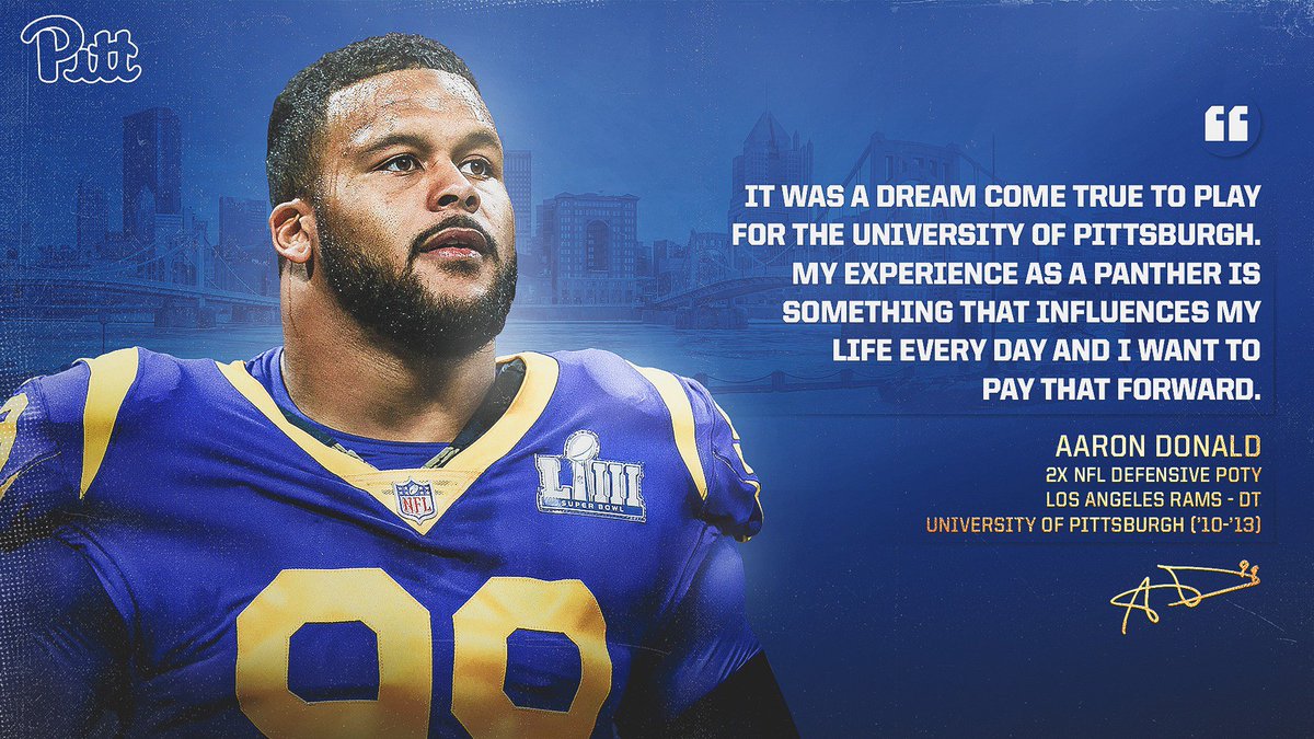 Pitt_FB's tweet image. NFL star and Pitt legend Aaron Donald has made a seven-figure financial commitment to the Pitt Football Championship Fund.
 
At 27, Donald is the University's youngest seven-figure donor in history.

Thank You, @AaronDonald97!
 
MORE: bit.ly/2UgSOjn
 
#H2P