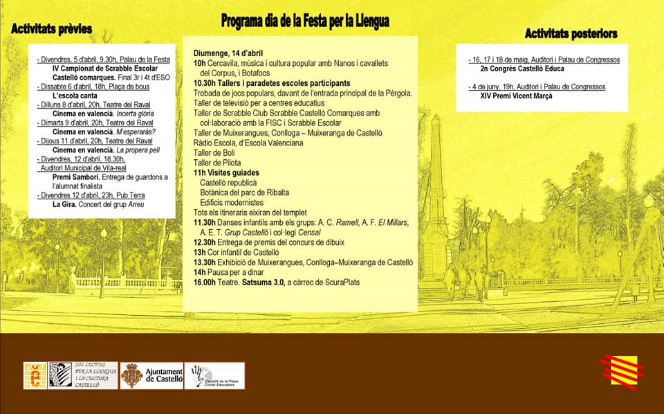 Aquest diumenge estarem en la Festa per la Llengua que, en aquesta ocasió, es celebra a la ciutat de Castelló.
Al llarg del mati, realitzarem activitats per als més menuts i, cap a les 11.30h, les nostres escoles faran una xicoteta mostra de balls  tradicionals.
Us esperem!!