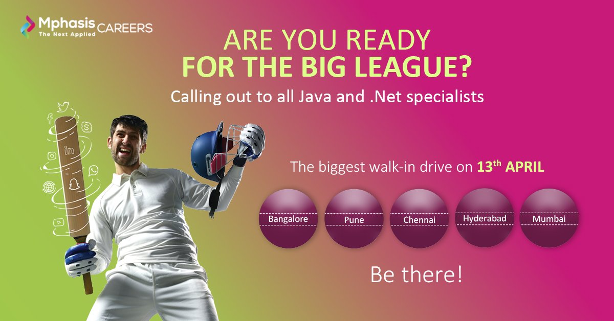 MphasisCareers's tweet photo. The biggest walk-in drive is here! Shout-out to all the Java and .Net enthusiasts - the perfect job is awaiting. Block your calendars and be there tomorrow - 13th April. 
#MphasisCareers #WalkinDrive #Java #DotNet #Coding #CodersLife #JobOpportunities https://t.co/CTcPjeg0QK