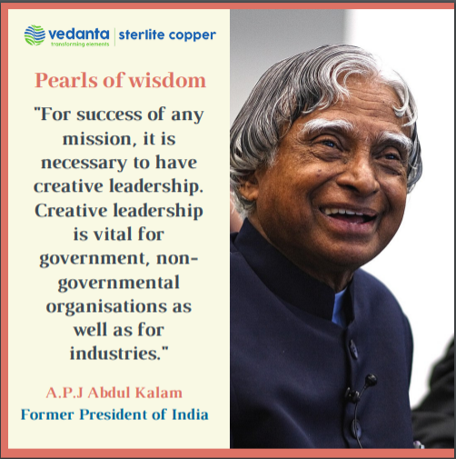 sterlite_copper's tweet photo. #PearlsofWisdom comprises quotes by famous legends, whose words will inspire, encourage and motivate us to reach great heights.

We present to you the second in this series, a quote by Dr. A.P.J Abdul Kalam, an aerospace scientist who served as the 11th President of India. https://t.co/ab9AQPUWUv