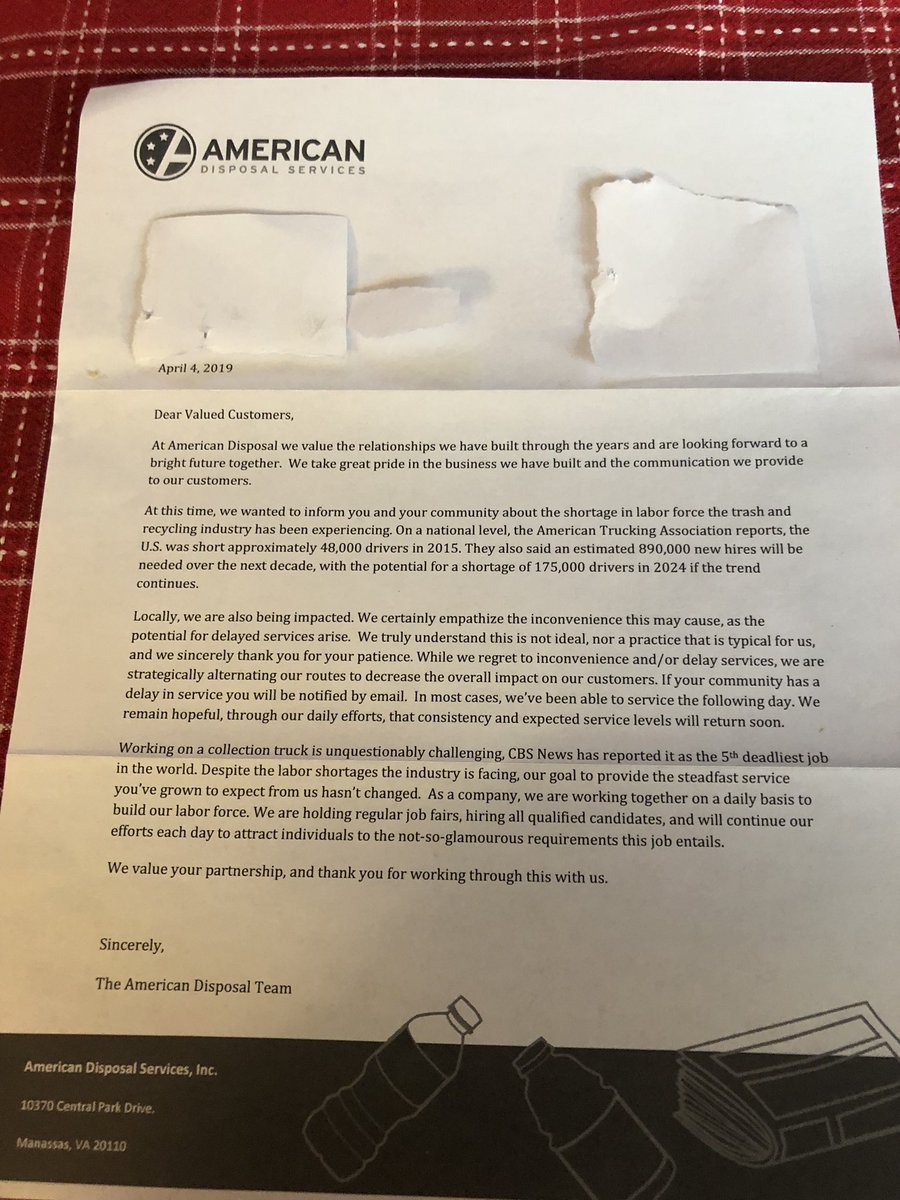 MichaelPakonen's tweet image. @foxandfriends 
@AmericanDisp
The U.S. Economy is so good that local and nationwide #Trash Collection Companies can not locate enough drivers to make on-time scheduled pick-ups.
PLEASE SHARE!
#AmericanDisposalServices