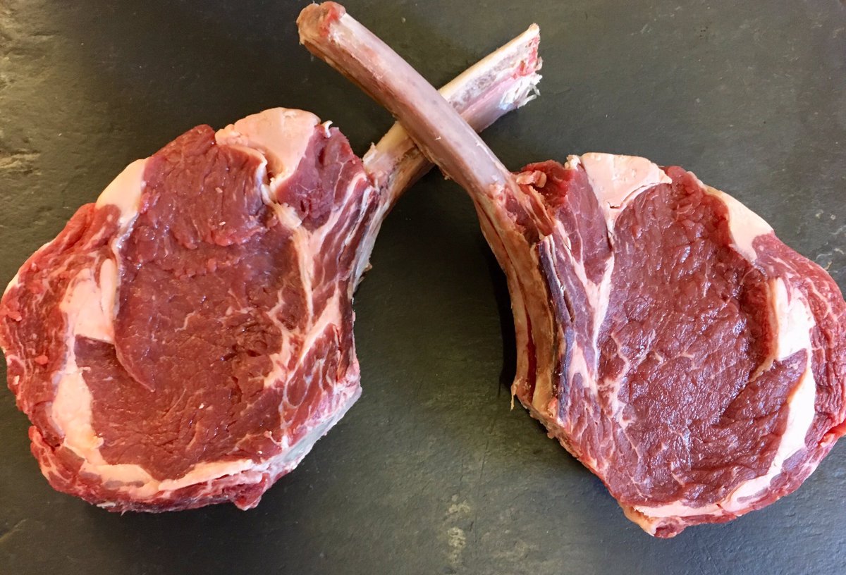 Cutting some 65 day aged pedigree Highland bone-in rib steaks this morning. Wow