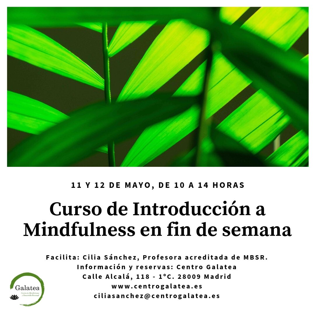 cilirosa's tweet photo. CURSO DE INTRODUCCIÓN A MINDFULNESS EN FIN DE SEMANA
Este curso de Introducción a Mindfulness, en formato fin de semana, te permitirá cultivar serenidad y bienestar, gestionar el estrés y entrenarte para salir del piloto automático. 
#mindfulness https://t.co/0aIblfZVTX