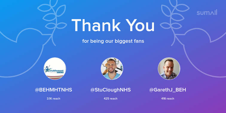 Our biggest fans this week: @BEHMHTNHS, <a href="/StuCloughNHS/">Stuart Clough</a>, @GarethJ_BEH. Thank you! via sumall.com/thankyou?utm_s…