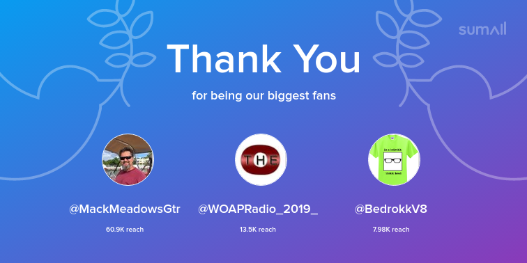 Our biggest fans this week: @MackMeadowsGtr, @WOAPRadio_2019_, @BedrokkV8. Thank you! via sumall.com/thankyou?utm_s…