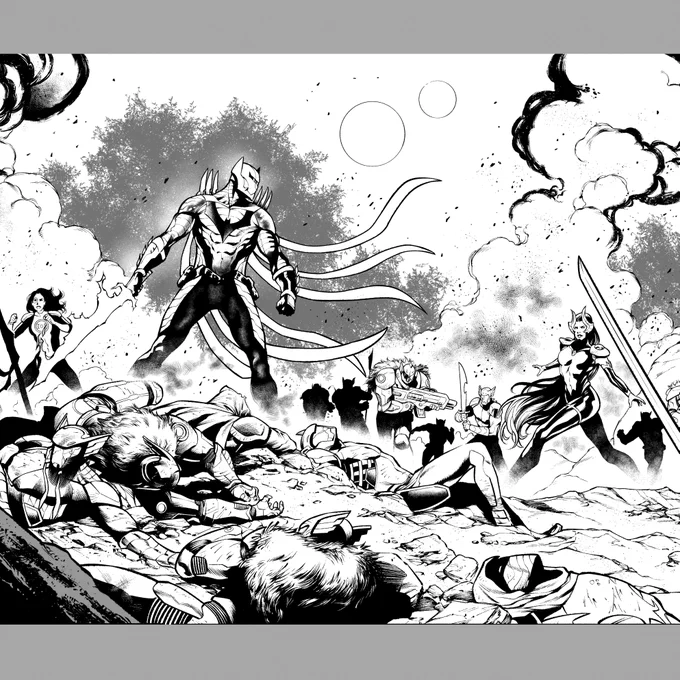 Cropped panel from one of the double spreads you are missing out on if you haven't picked up Justice League Odyssey #8 yet. Pencils by Dani Sampere, my inks. 
