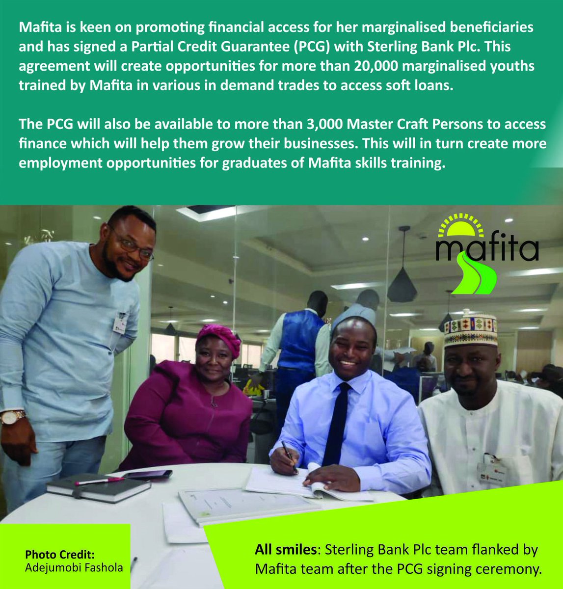 mafitaproject's tweet photo. @DFID_UK funded @mafitaproject signs Partial Credit Guarantee (PCG) agreement with @Sterling_Bankng to promote access to finance for #marginalised #youths and Master Craft Persons (MCPs). https://t.co/wpJkf44ggu