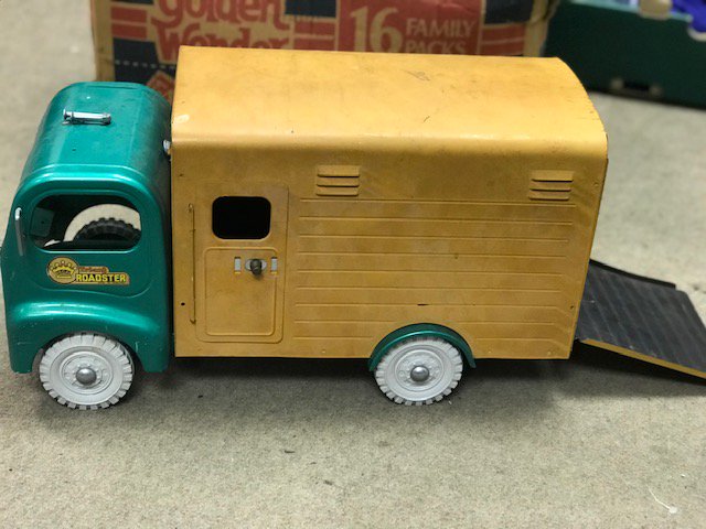 ShopStw's tweet photo. WOW! A rare find indeed, we have been fortunate enough to have had these fantastic vintage vehicles donated to us in our #Hailsham #stwilfrids shop. These really need to be seen, they are quite large, the train approx 20" long and the horse truck approx 18" long. https://t.co/SsbgueDiic