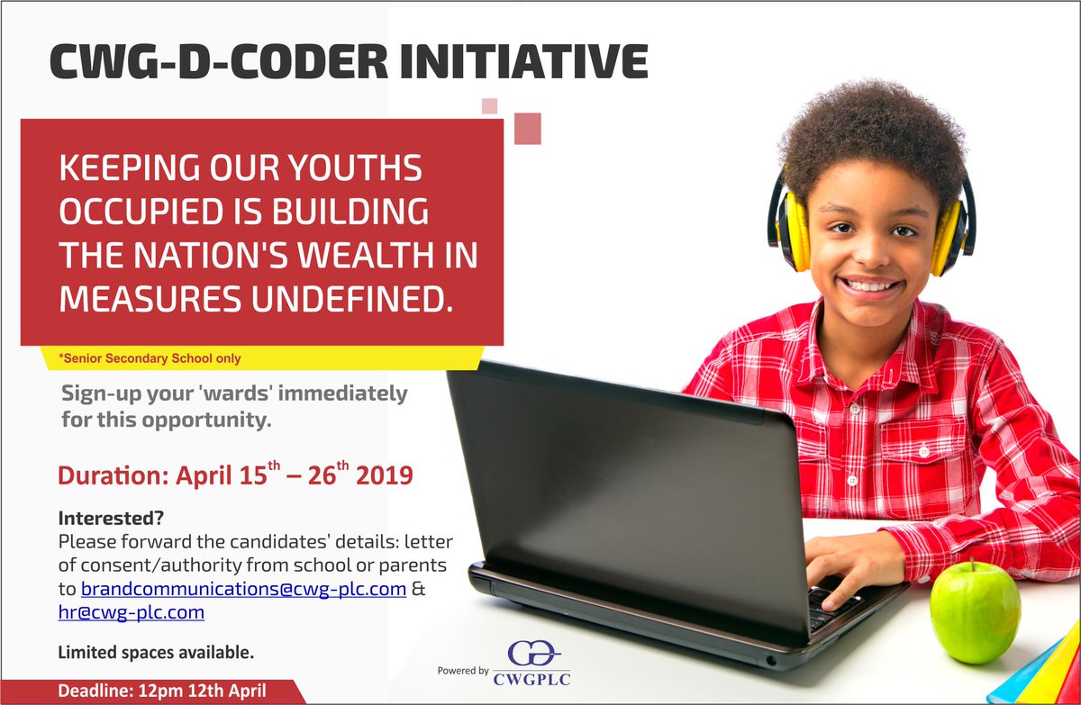 CWGAfrica's tweet photo. Registration for the ever exciting &amp; educative 'CWG's D-Coder Programme' to keep some of our youths occupied this short-holiday is on. 
Interested? 
Take action right now. 
Limited spaces available. #CWGGETSIT #CWGBELEIVESIT #CWGDcoder https://t.co/RvQmuEImpV