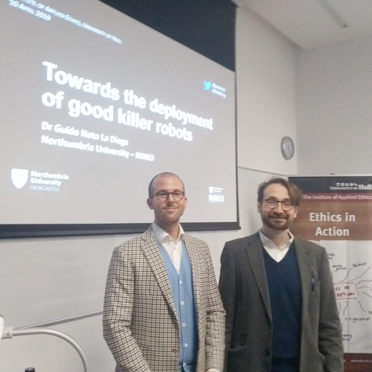 NinsoRIG's tweet image. Our @guidonld at @UniOfHull @IAEHull yesterday with Peter Cserne. We can&apos;t wait to hear what he had to say about good killer robots! @NorthumbriaUni @NorthumbriaLaw #robots #robotapocalypse