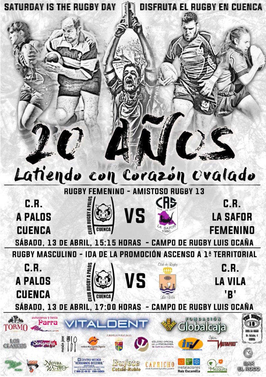 ¡Este sábado tienes doble cita con el rugby conquense! 
A las 15:15, amistoso de rugby femenino: CR A Palos - CR La Safor.
Y a partir de las 17:00, ida de la promoción de ascenso: CR A Palos - CR La Vila B
¡No te lo pierdas!

#CorazonOvalado