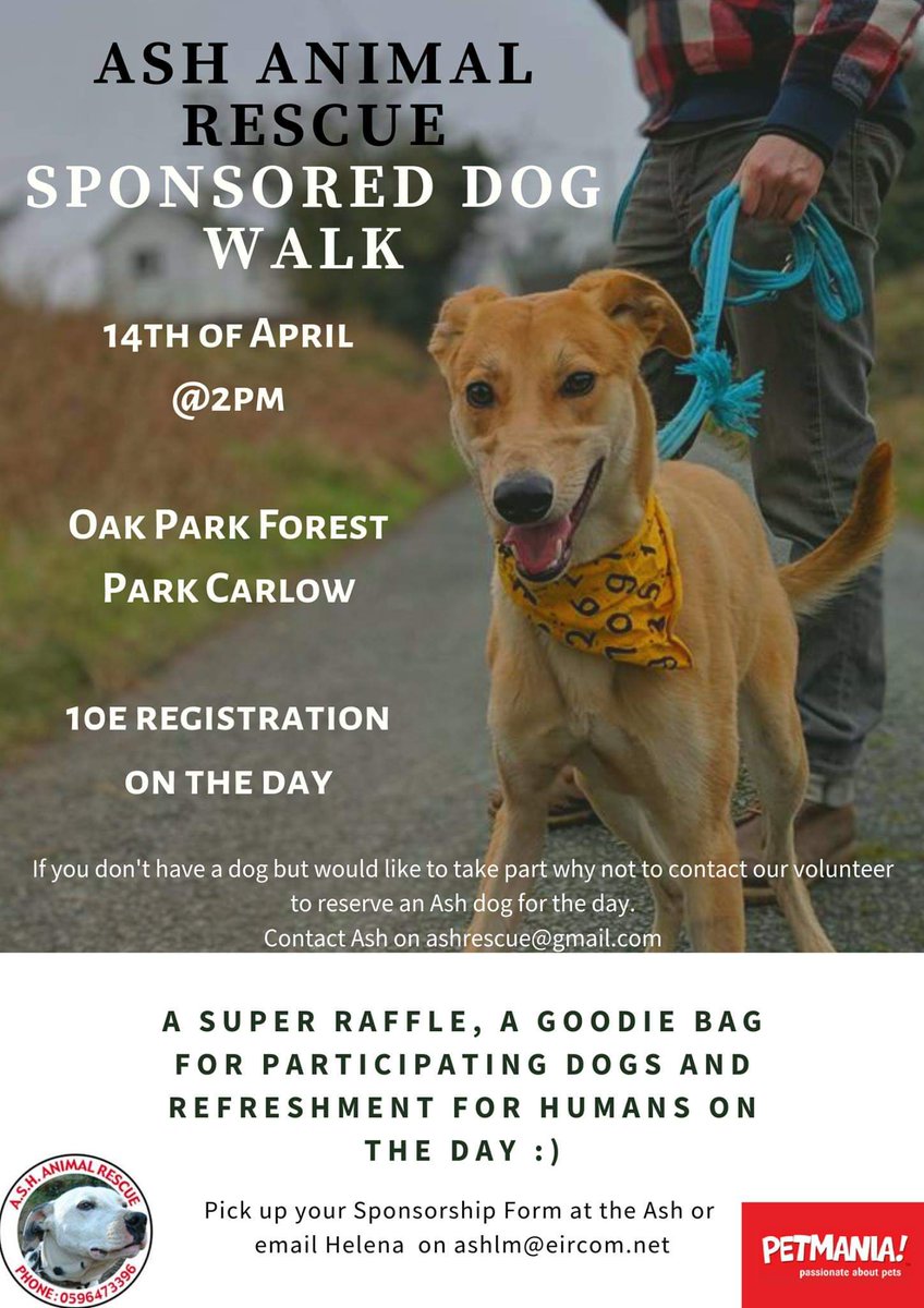 Our sponsored dog walk will take place this Sunday, 14th of April at 2 PM at the Oak Park Forest Park in Carlow. We would love to see as many of you as possible, the weather looks very promising 😁 🐶🌞
#fundraiser #fundraiser #weekend
#weekendplans #fun facebook.com/events/1355902…