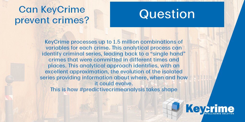 VenturiMario's tweet photo. 🔴🔴 Today’s question!
Can KeyCrime prevent crimes before they are committed?
#predictivecrimeanalysis #keycrime #lawenforcement https://t.co/k4Ph5wgRji