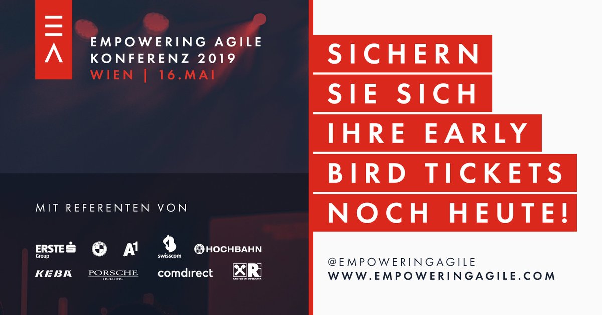 empoweringagile's tweet photo. Tick Tack! Der Verkauf der Early Bird Tickets endet bald.
Jetzt noch Tickets für #EmpoweringAgile2019 sichern und sparen!
https://t.co/paZLPuzo38
#earlybird #agileevent #digitaltransformation #wien #konferenz #Agile https://t.co/uMVugKtQay