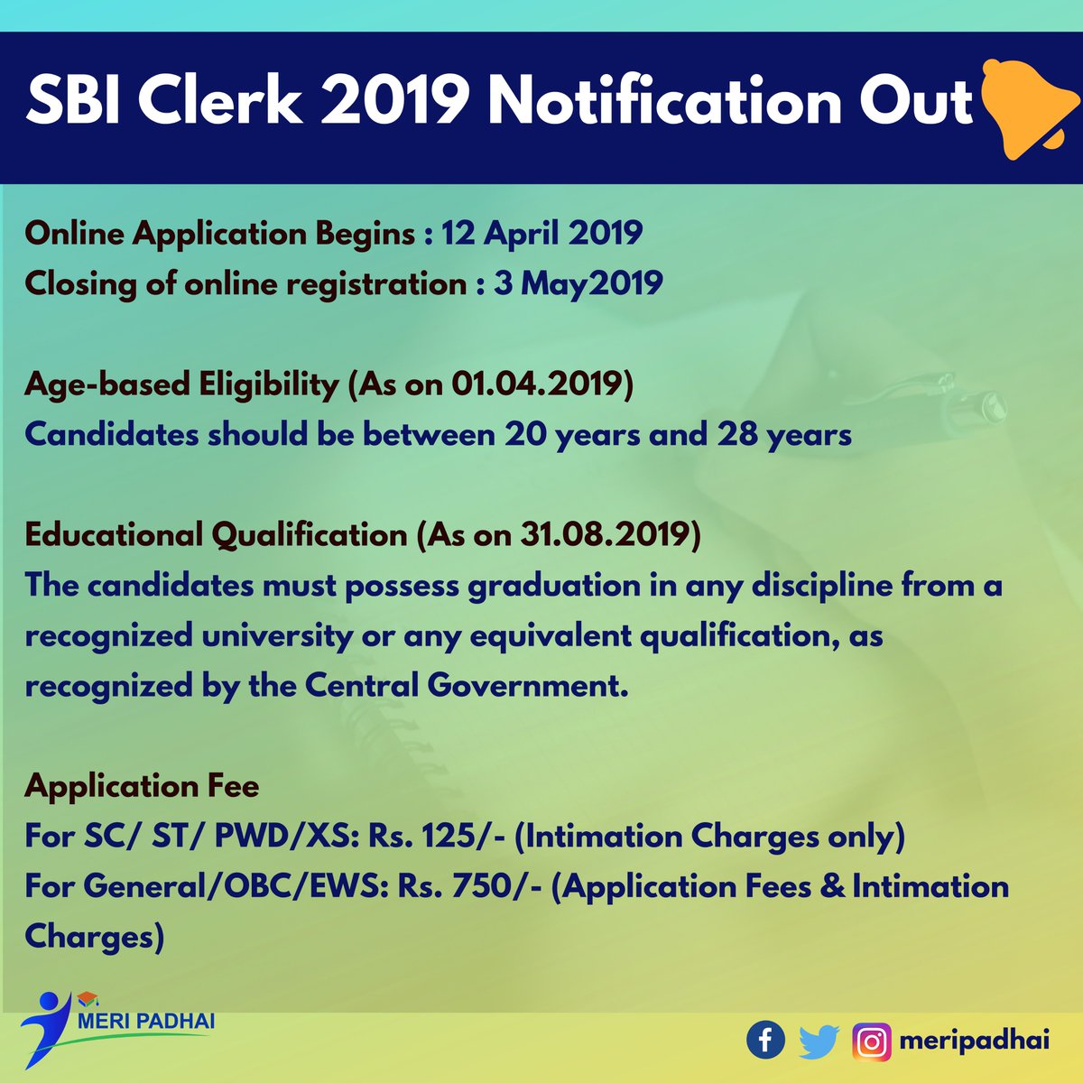 MeriPadhai's tweet photo. #SBIClerk 2019 Recruitment is out for 9086 #vacancies.

Join https://t.co/PxY87lugD6 &amp; get the best #Coachinginstitute

Call now: 18001230133
WhatsApp us: https://t.co/szUB7VbIw3

#meripadhai #Bankcoaching #bankpocoaching #edtech #elearning #students #edu #bankclerk #sbi #edchat https://t.co/0c0HYc5W72